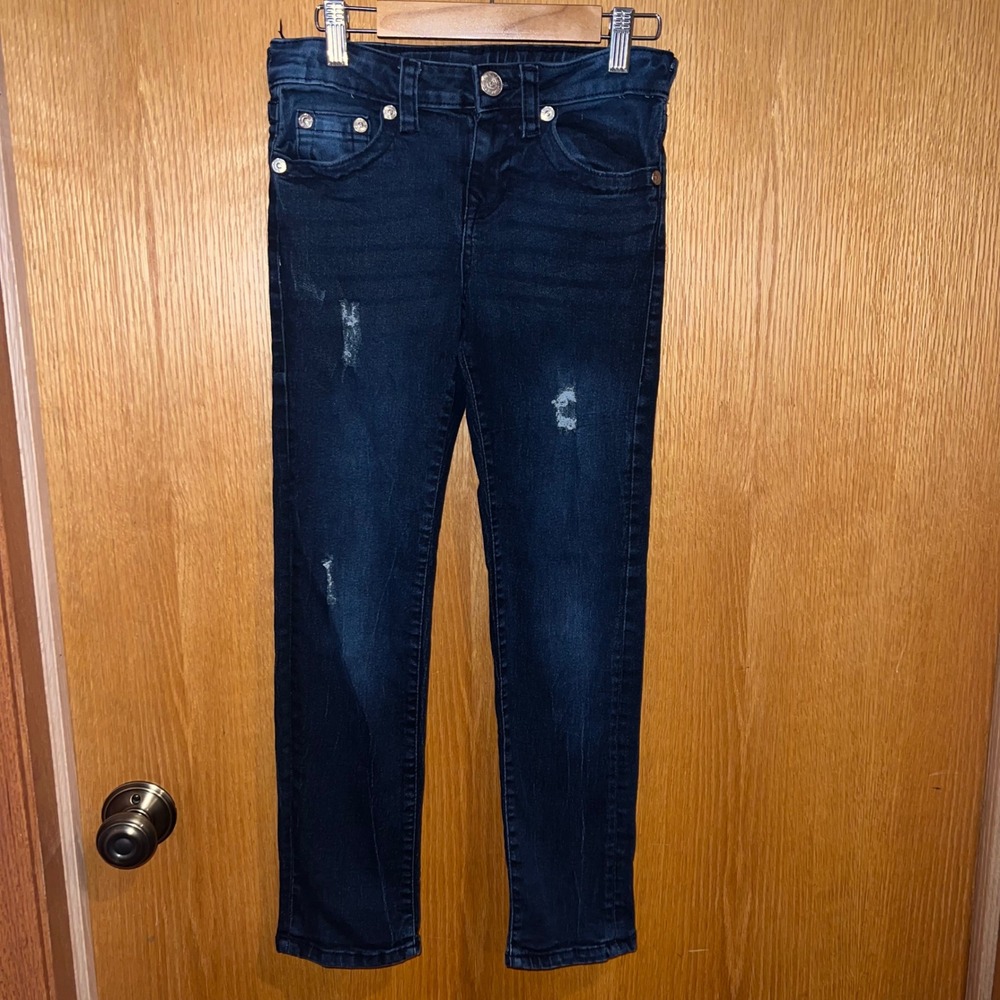 True Religion Skinny Jeans Kids Size 10 Dark Wash Distressed Horseshoe Stitching